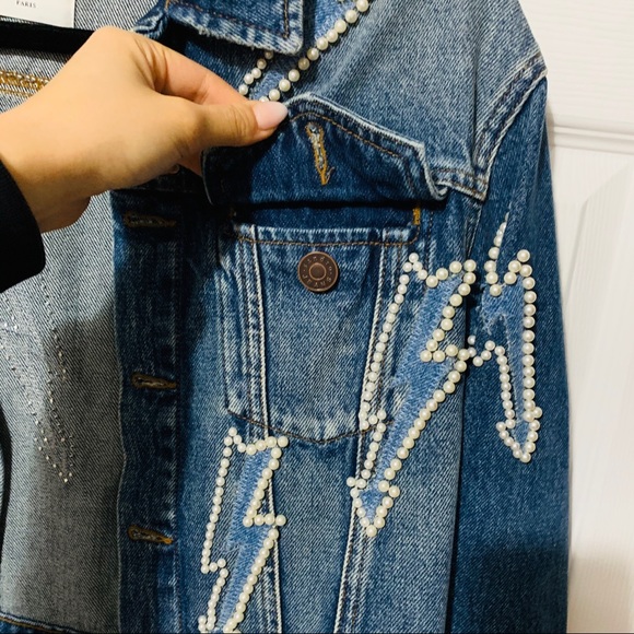 SANDRO Pearl Studded Embellished Lightning Denim Jean Jacket - Picture 4 of 6